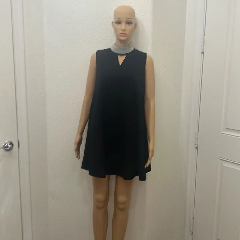 Garcia Black Dress Silver Metallic Studded Cutout Neck Mini Swing Size Small New